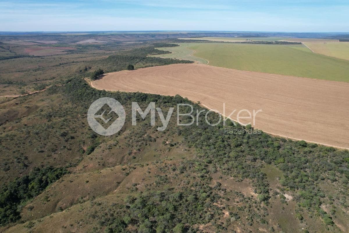 Vista aérea da lavoura e da reserva de cerrado, em Buritis