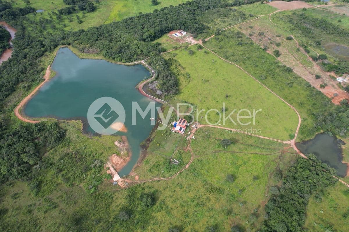 Vista aérea do lago e da pastagem formada, em Roselândia