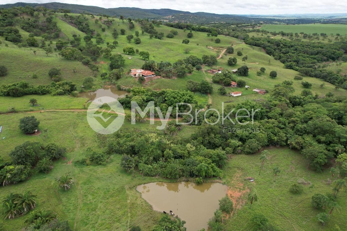 Vista aérea de pastagem ondulada com represa, em Varjão